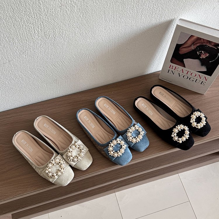 2025 m. vasaros nauja korėjietiška rankinės formos šlepečių versija moterims, avinčioms kvadratinę galvutę, perlų apvalią sagtį, pedalus, „Mueller“ batai, urmu