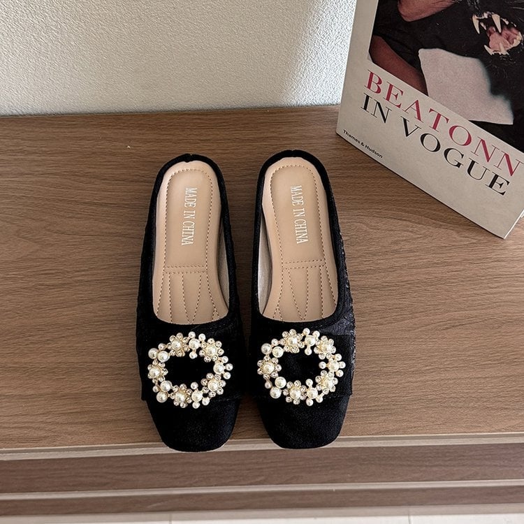 2025 m. vasaros nauja korėjietiška rankinės formos šlepečių versija moterims, avinčioms kvadratinę galvutę, perlų apvalią sagtį, pedalus, „Mueller“ batai, urmu