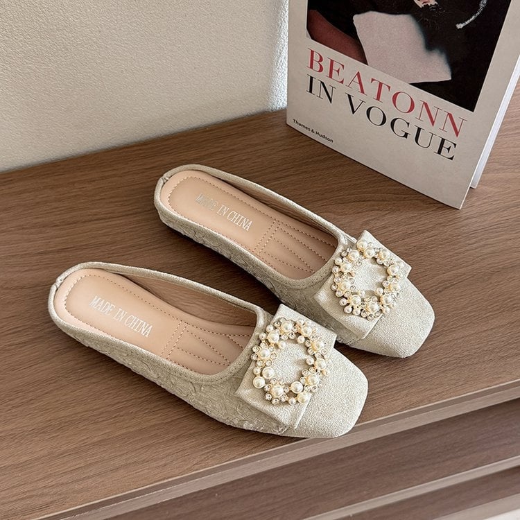 2025 m. vasaros nauja korėjietiška rankinės formos šlepečių versija moterims, avinčioms kvadratinę galvutę, perlų apvalią sagtį, pedalus, „Mueller“ batai, urmu