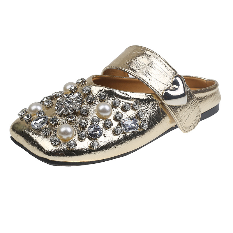 2025 m. naujo stiliaus „Baotou“ šlepetės, moteriškas apranga, pavasario ir vasaros madingi plokščiapadžiai bateliai su cirkonio perlų kvadratine galvute, moteriški batai