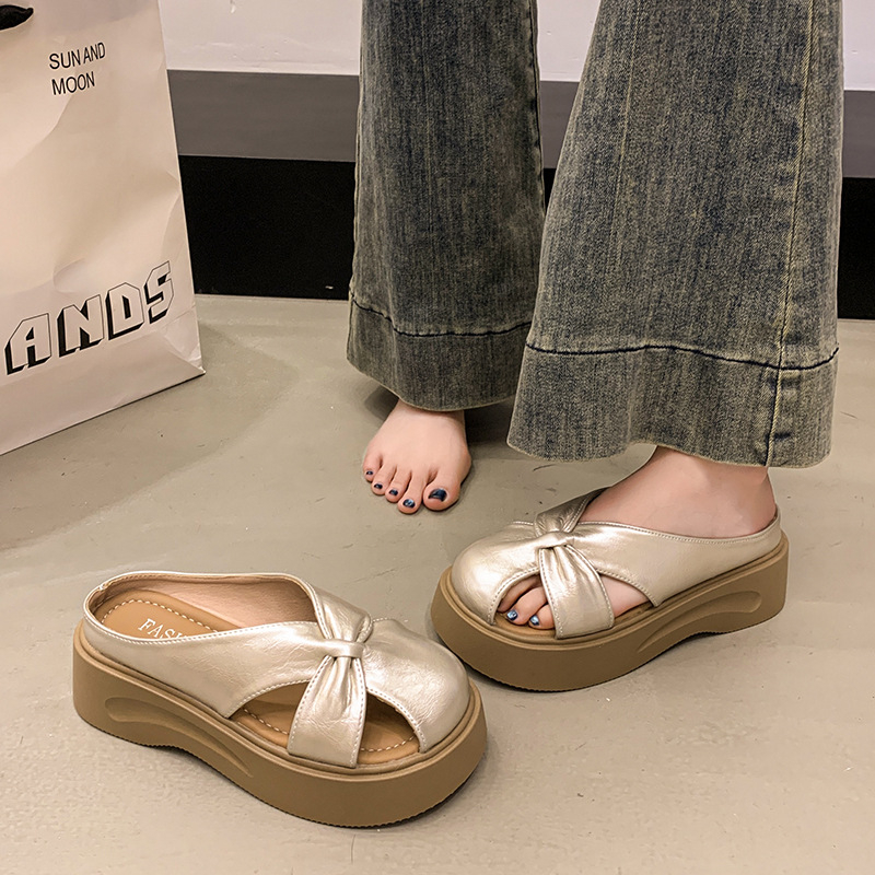 „Baotou“ šlepetės moterims, 2023 m. vasaros, naujos korėjietiško stiliaus apvalios nosies, plokščiapadžiai batai, patogūs viršutiniai drabužiai, moteriškos šlepetės, didmeninė prekyba, tiesioginis pristatymas