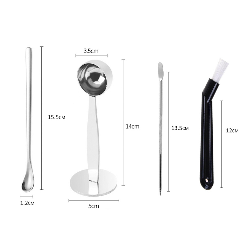 Amazoni roostevabast terasest segamis-kohvilusikas, pulbripresslusikas, mõõtelusikas, latte art nõel, lühikese käepidemega kohvimasina puhastusharjade komplekt