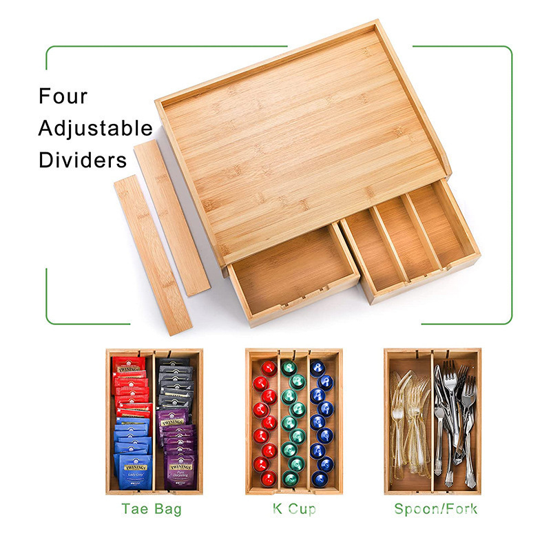 Piiriülene bambusest teekoti hoiukarp, väljatõmmatav kohvikapslikarp, bambusest ja puidust karp sahtliga