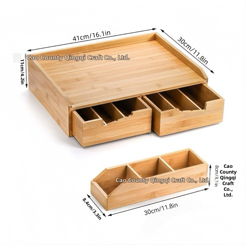 Piiriülene bambusest teekoti hoiukarp, väljatõmmatav kohvikapslikarp, bambusest ja puidust karp sahtliga