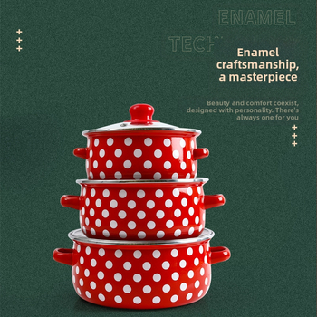 „Crossborder“ sprogstamasis emaliuotas sriubos puodas su raudonu dugnu, baltais taškeliais, trijų puodų rinkinys, 671EDG