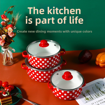 „Crossborder“ sprogstamasis emaliuotas sriubos puodas su raudonu dugnu, baltais taškeliais, trijų puodų rinkinys, 671EDG