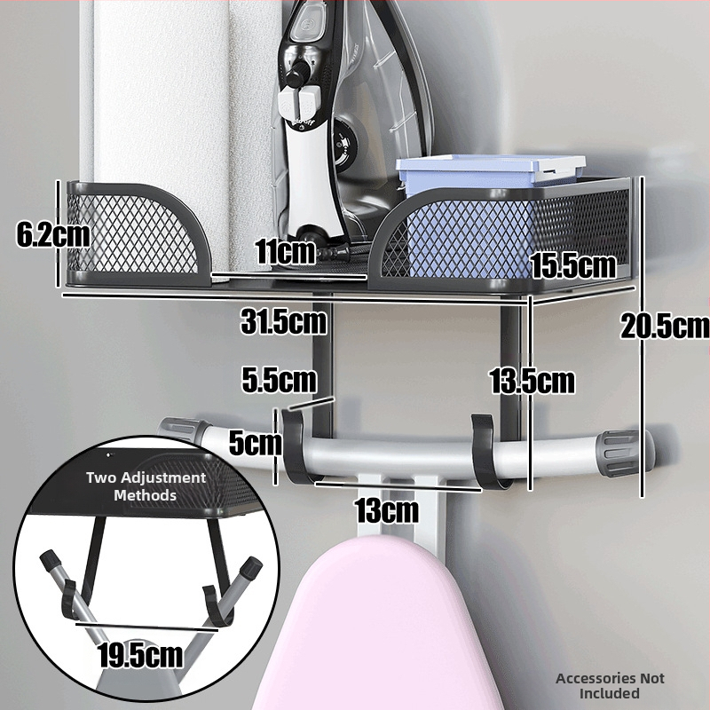 Prie sienos tvirtinamas lyginimo lentos stovas, prie sienos pakabinama lyginimo lenta, lygintuvo laikymo laikiklis, už durų montuojama skalbyklos daiktų laikymo krepšelių sistema