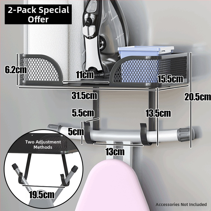 Prie sienos tvirtinamas lyginimo lentos stovas, prie sienos pakabinama lyginimo lenta, lygintuvo laikymo laikiklis, už durų montuojama skalbyklos daiktų laikymo krepšelių sistema