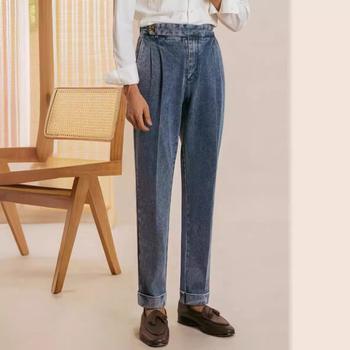 Rudens 5502 itališkos naujos dvigubai klostytos vyriškos laisvalaikio stiliaus madingos džinsinės kelnės