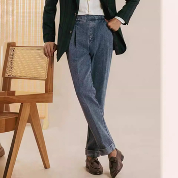 Rudens 5502 itališkos naujos dvigubai klostytos vyriškos laisvalaikio stiliaus madingos džinsinės kelnės