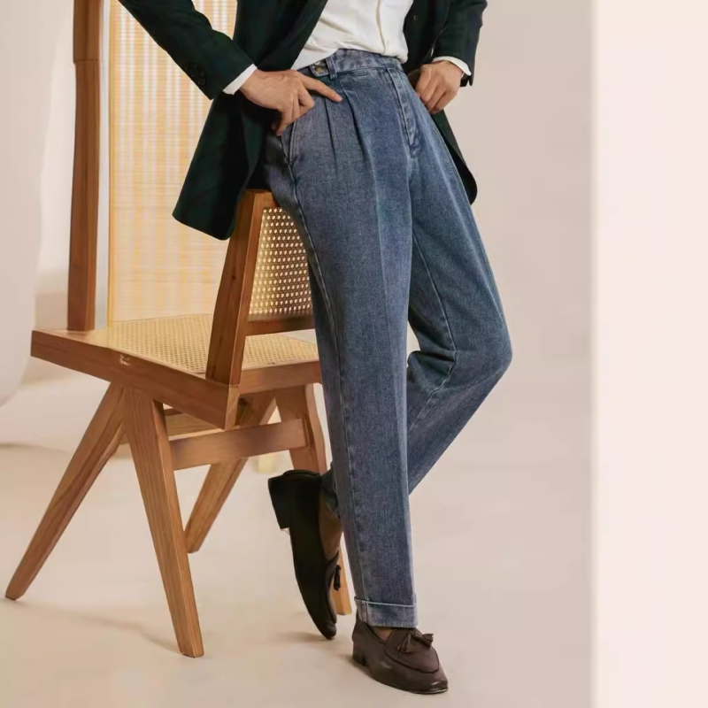 Rudens 5502 itališkos naujos dvigubai klostytos vyriškos laisvalaikio stiliaus madingos džinsinės kelnės