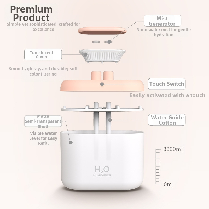 Továrenský veľkokapacitný dvojitý rozprašovací zvlhčovač vzduchu pre domácnosť Nový mini 3,3 l farebný malý rozprašovací čistič vzduchu