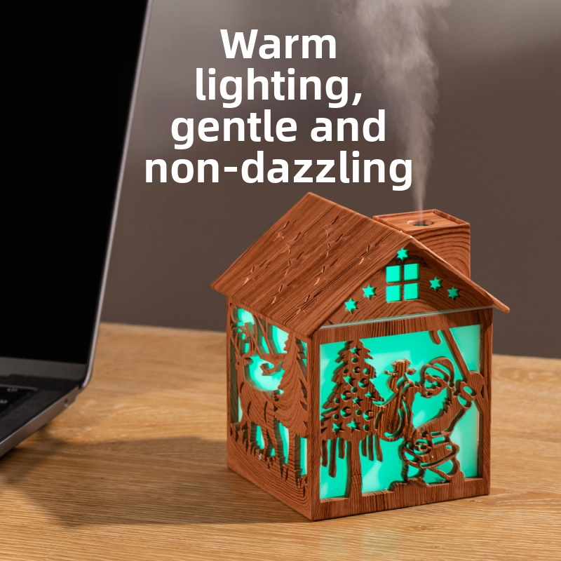 Nový vianočný zvlhčovač vzduchu s vianočným stromčekom Santa Claus, vianočná chatka, mäkký a brilantný farebný svetelný zvlhčovač