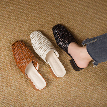 Aukštakulnės šlepetės iki pirštų galiukų, storakulnės prancūziškos retro stiliaus šlepetės, 2025 m. naujos vasaros moteriškos basutės su tinginiu užmaunamomis rankovėmis