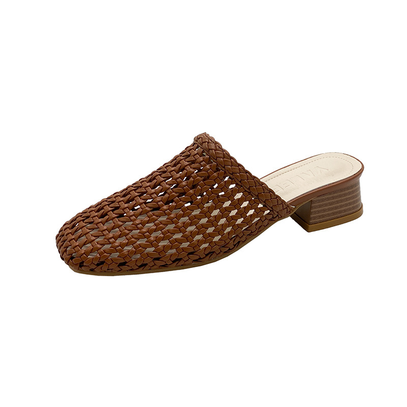 Aukštakulnės šlepetės iki pirštų galiukų, storakulnės prancūziškos retro stiliaus šlepetės, 2025 m. naujos vasaros moteriškos basutės su tinginiu užmaunamomis rankovėmis