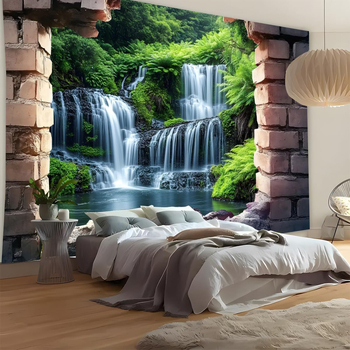 Διασυνοριακή Προμήθεια Ταπισερί από Φυσικό Δάσος με Καταρράκτη, Πολυεστερικό Υλικό, Διακοσμητικό Κρεμαστό Ύφασμα με Πακέτο Αξεσουάρ για Διακόσμηση Σπιτιού