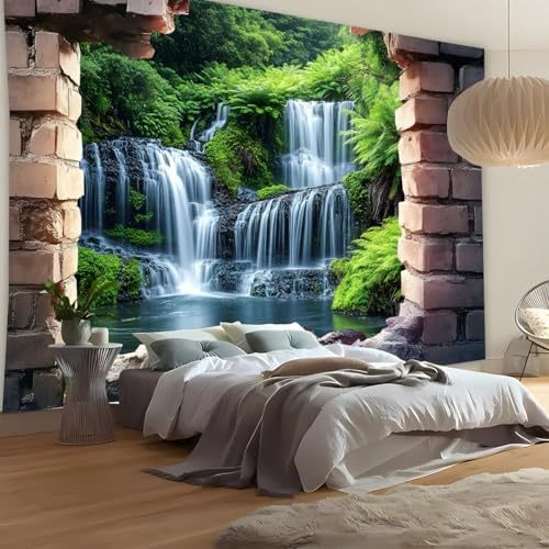 Διασυνοριακή Προμήθεια Ταπισερί από Φυσικό Δάσος με Καταρράκτη, Πολυεστερικό Υλικό, Διακοσμητικό Κρεμαστό Ύφασμα με Πακέτο Αξεσουάρ για Διακόσμηση Σπιτιού