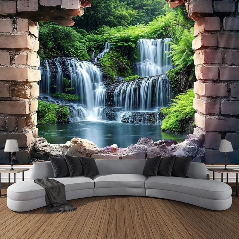 Διασυνοριακή Προμήθεια Ταπισερί από Φυσικό Δάσος με Καταρράκτη, Πολυεστερικό Υλικό, Διακοσμητικό Κρεμαστό Ύφασμα με Πακέτο Αξεσουάρ για Διακόσμηση Σπιτιού