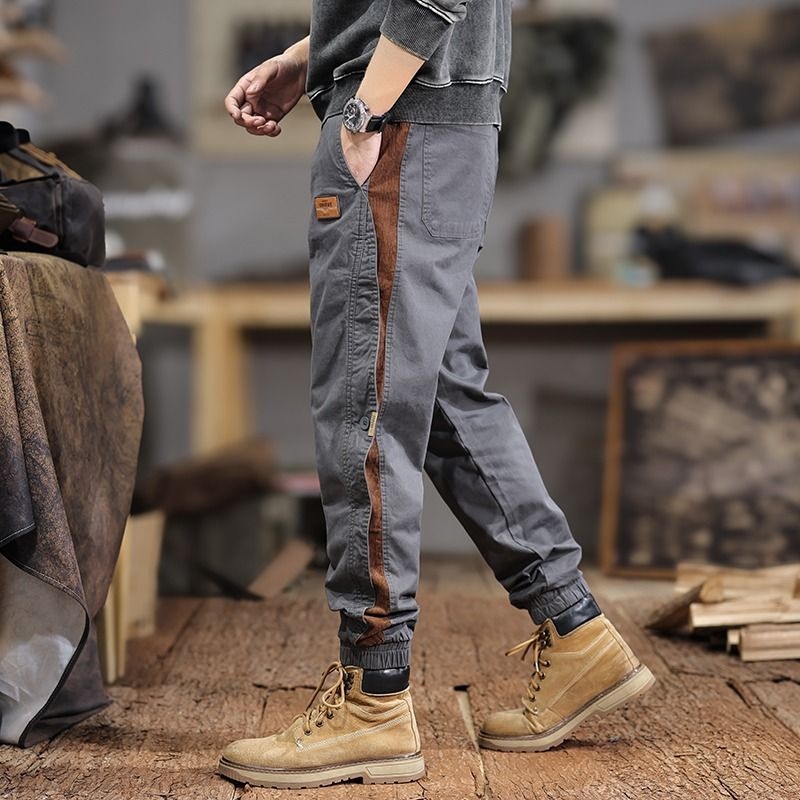Pavasario ir rudens nauji amerikietiško stiliaus kombinezonai vyriški laisvo dizaino kontrastingi siūlių pėdkelnės laisvalaikio retro funkcinės kelnės
