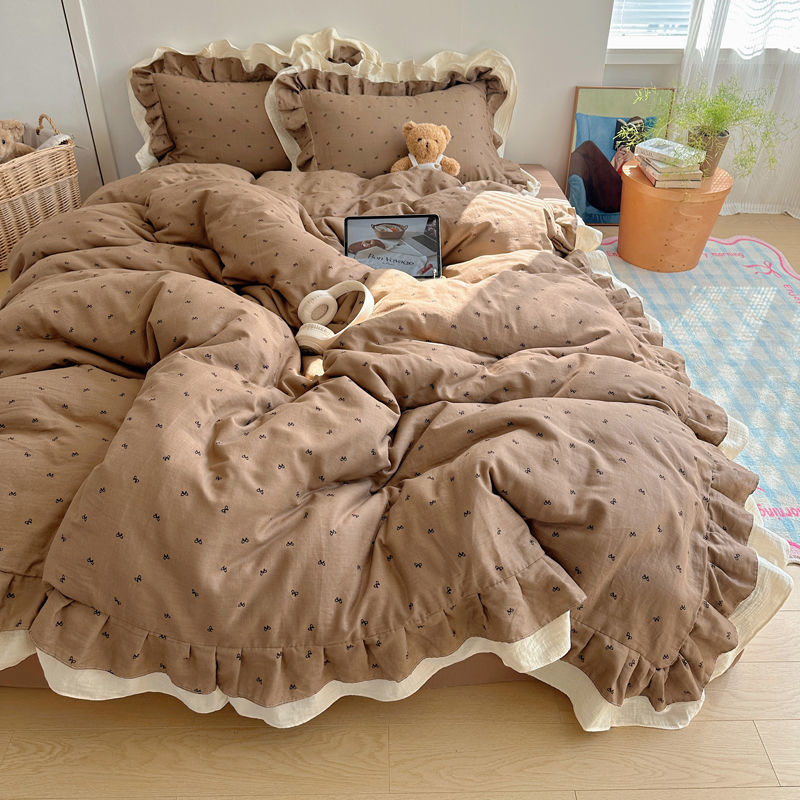 „Hiinii“ dvisluoksnis siūlų skalbtos medvilnės krašto lovos keturių dalių komplektas mergaitiška širdelės formos lovos paklodės antklodės užvalkalas bendrabučio lovos paklodės trijų dalių komplektas