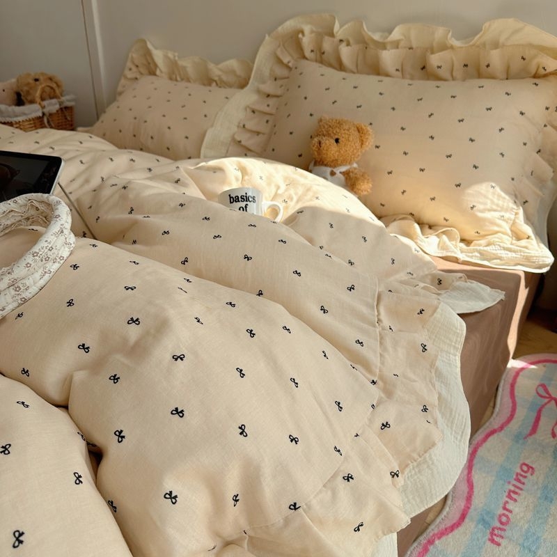 „Hiinii“ dvisluoksnis siūlų skalbtos medvilnės krašto lovos keturių dalių komplektas mergaitiška širdelės formos lovos paklodės antklodės užvalkalas bendrabučio lovos paklodės trijų dalių komplektas