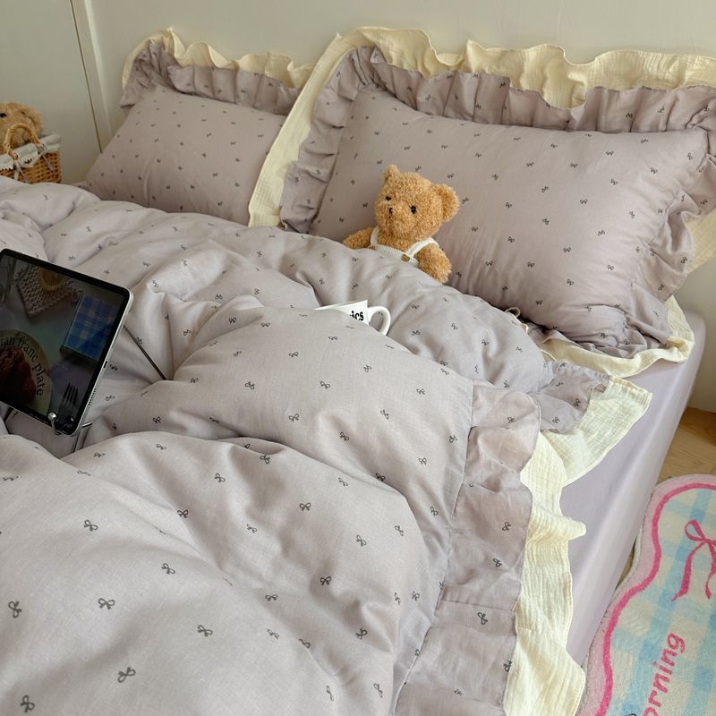 „Hiinii“ dvisluoksnis siūlų skalbtos medvilnės krašto lovos keturių dalių komplektas mergaitiška širdelės formos lovos paklodės antklodės užvalkalas bendrabučio lovos paklodės trijų dalių komplektas