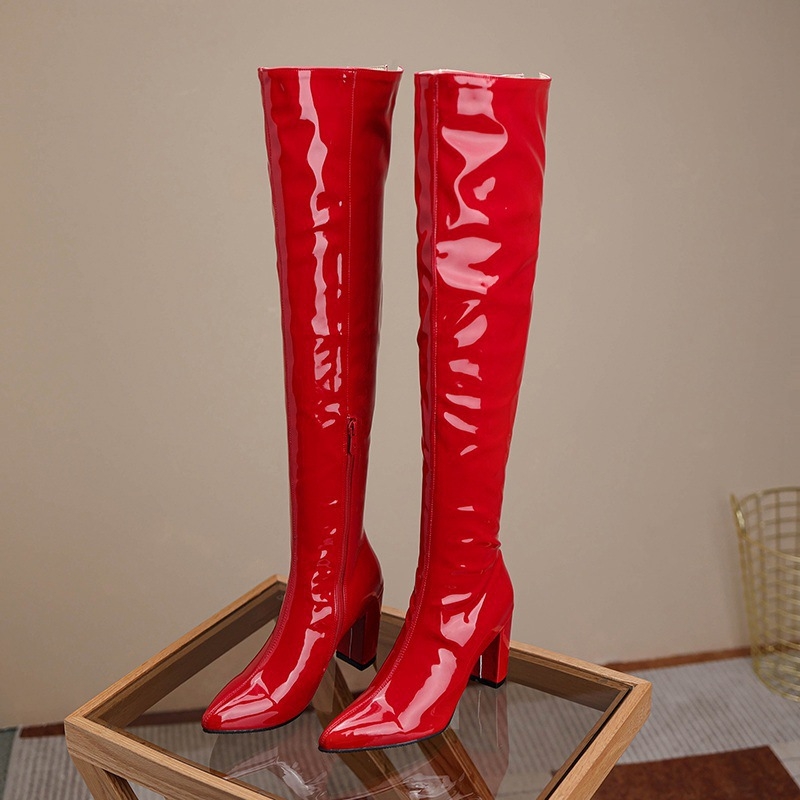 32-46-os méretű csizma külkereskedelemmel, határokon átnyúló, hegyes sarkú, vastag sarkú térdig érő csizma új lakkbőr női csizma divatos csizma