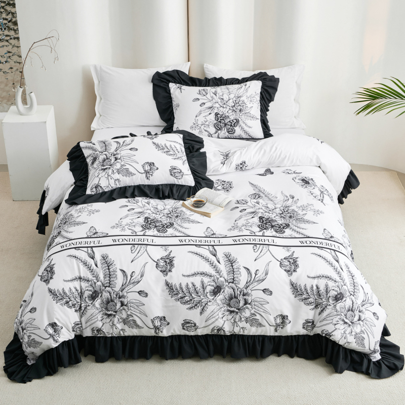Tarpvalstybinės užsienio prekybos namų tekstilė „Amazon“ cheminio pluošto gėlių juodų raukinių antklodės užvalkalų trijų dalių komplektas