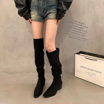 Lovagcsizma, bolyhos csizma, 2025 tavaszi és őszi új, szögletes orrú, vastag sarokú, rakott csizma, nyugati cowboy csizma, női csizma