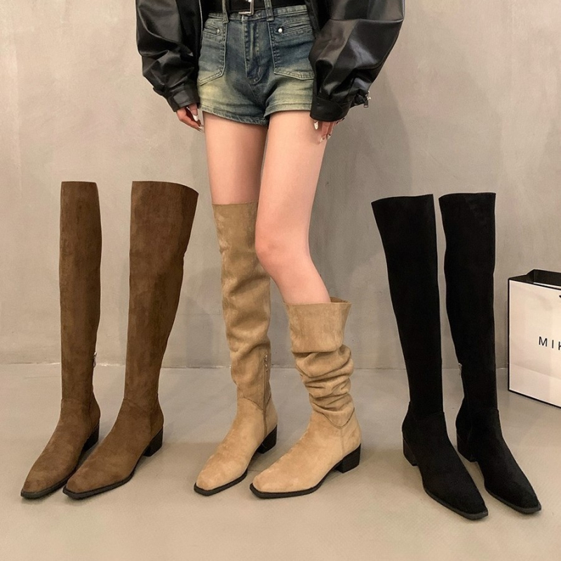 Lovagcsizma, bolyhos csizma, 2025 tavaszi és őszi új, szögletes orrú, vastag sarokú, rakott csizma, nyugati cowboy csizma, női csizma