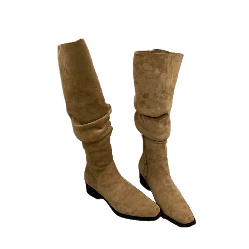 Lovagcsizma, bolyhos csizma, 2025 tavaszi és őszi új, szögletes orrú, vastag sarokú, rakott csizma, nyugati cowboy csizma, női csizma