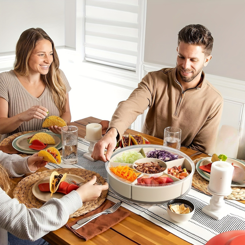 Šešių skyrių besisukanti vaisių lėkštė su rankena, sandari drėgmei atspari džiovintų vaisių lėkštė, prieskonių dėžutė, didelė buitinė užkandžių dėžutė su dangteliu