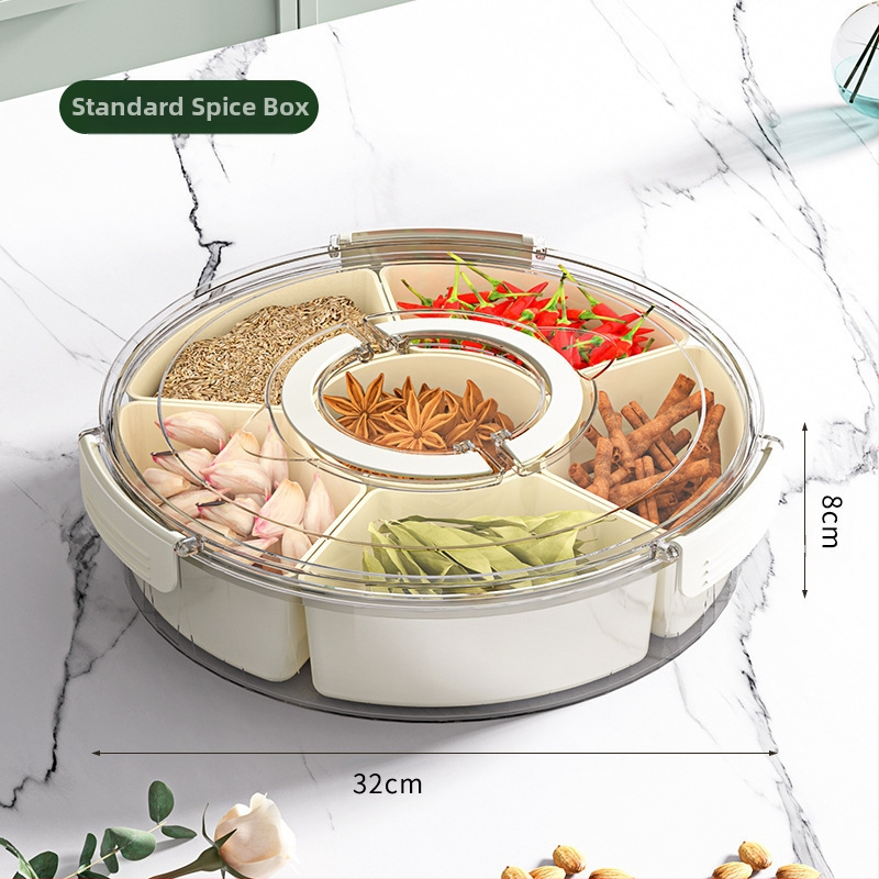 Šešių skyrių besisukanti vaisių lėkštė su rankena, sandari drėgmei atspari džiovintų vaisių lėkštė, prieskonių dėžutė, didelė buitinė užkandžių dėžutė su dangteliu