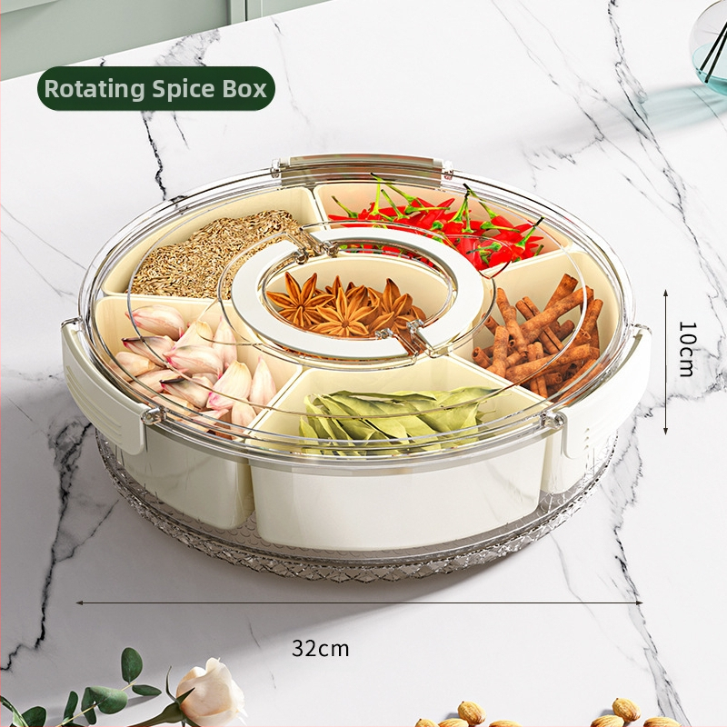 Šešių skyrių besisukanti vaisių lėkštė su rankena, sandari drėgmei atspari džiovintų vaisių lėkštė, prieskonių dėžutė, didelė buitinė užkandžių dėžutė su dangteliu