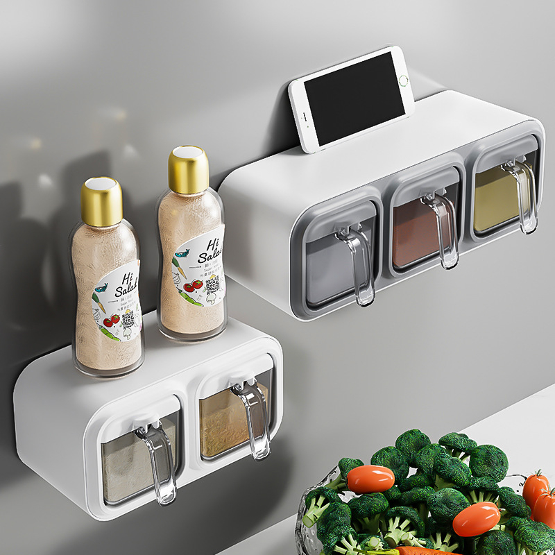 Кутия за подправки за домашна кухня, кутия за съхранение на ядлива сол, стенен буркан за подправки с три отделения, двуотделен стелаж за съхранение на подправки