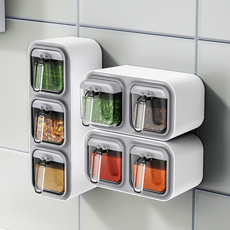 Namų virtuvė Prieskonių dėžutė Valgomosios druskos laikymo dėžutė Prie sienos tvirtinamas prieskonių indelis Trijų skyrių Dviejų skyrių Prieskonių laikymo lentynėlė