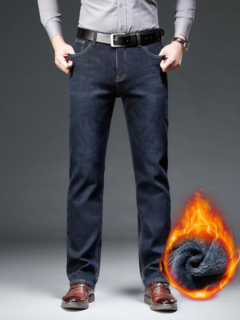 Férfi téli farmer, polár béléssel, vastag, rugalmas, egyenes, laza, meleg, 2023-as New Business egyenes szabású farmernadrág