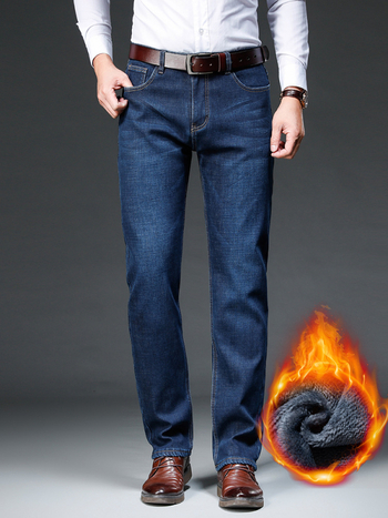 Férfi téli farmer, polár béléssel, vastag, rugalmas, egyenes, laza, meleg, 2023-as New Business egyenes szabású farmernadrág