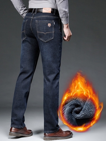 Férfi téli farmer, polár béléssel, vastag, rugalmas, egyenes, laza, meleg, 2023-as New Business egyenes szabású farmernadrág