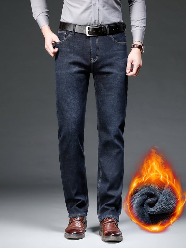 Férfi téli farmer, polár béléssel, vastag, rugalmas, egyenes, laza, meleg, 2023-as New Business egyenes szabású farmernadrág