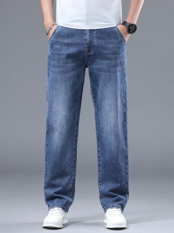 Naujos džinsinės vyriškos laisvos tiesaus kirpimo kelnės, tamprios, dalykinio stiliaus, laisvalaikio stiliaus, lengviausios derinti prie kelnių