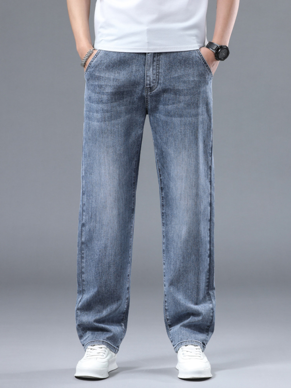 Naujos džinsinės vyriškos laisvos tiesaus kirpimo kelnės, tamprios, dalykinio stiliaus, laisvalaikio stiliaus, lengviausios derinti prie kelnių
