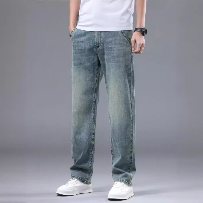 Naujos džinsinės vyriškos laisvos tiesaus kirpimo kelnės, tamprios, dalykinio stiliaus, laisvalaikio stiliaus, lengviausios derinti prie kelnių