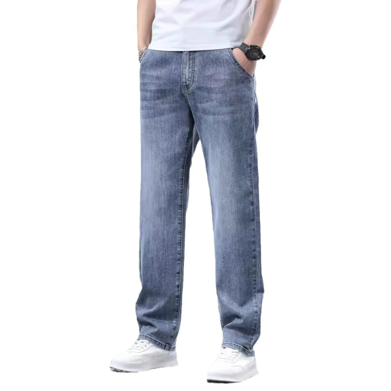 Naujos džinsinės vyriškos laisvos tiesaus kirpimo kelnės, tamprios, dalykinio stiliaus, laisvalaikio stiliaus, lengviausios derinti prie kelnių