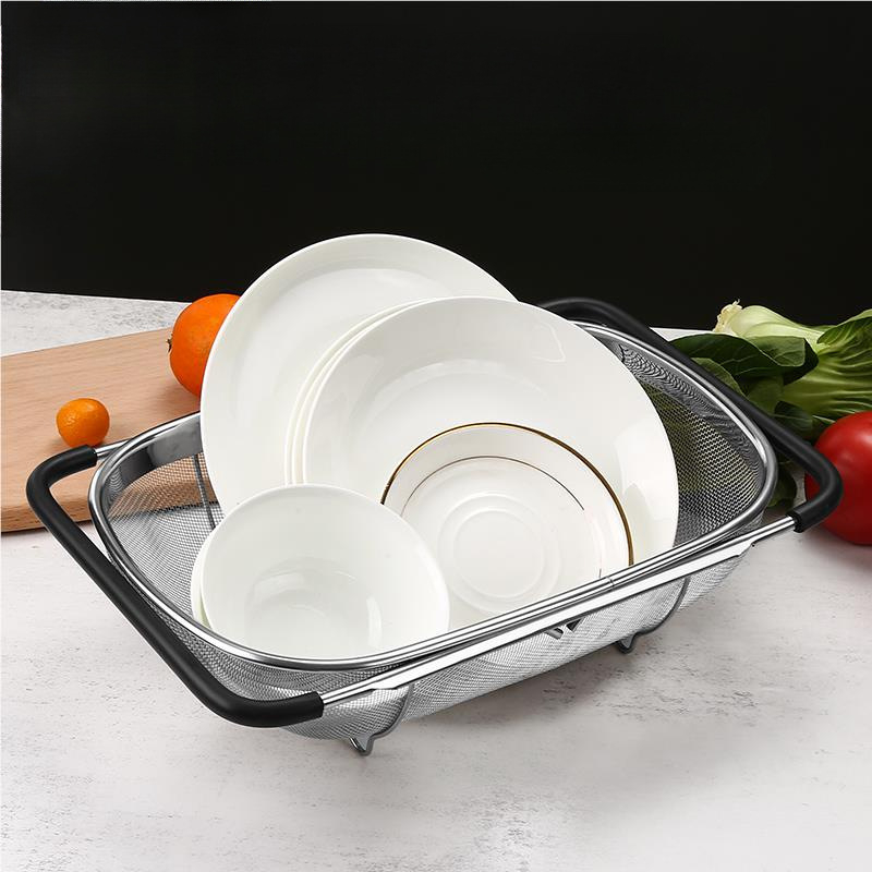 Háztartási rozsdamentes acél mosogató edénytároló állvány mosogató teleszkópos lefolyókosár konyhai mosogató edények lefolyóállvány