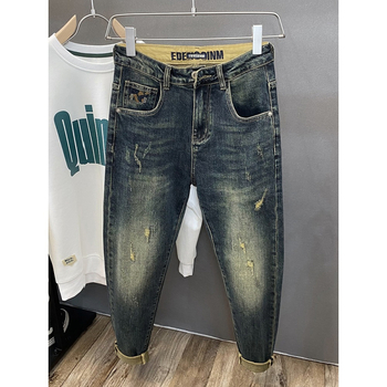 Nosztalgikus retró háremnadrág, foltos, divatos, márkás, hímzett, rugalmas, amerikai szakadt farmer, férfi vékony nadrág, őszi és téli