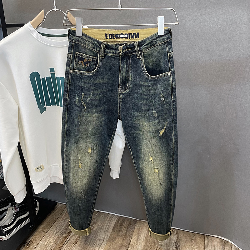 Nosztalgikus retró háremnadrág, foltos, divatos, márkás, hímzett, rugalmas, amerikai szakadt farmer, férfi vékony nadrág, őszi és téli