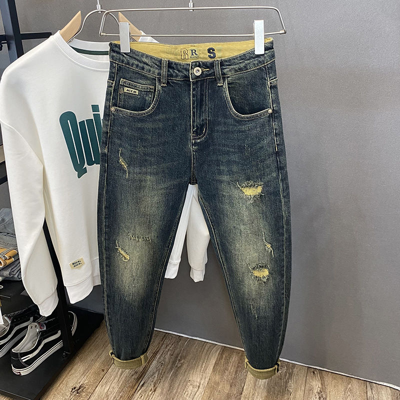 Nosztalgikus retró háremnadrág, foltos, divatos, márkás, hímzett, rugalmas, amerikai szakadt farmer, férfi vékony nadrág, őszi és téli