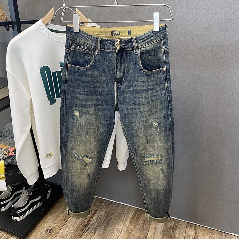 Nosztalgikus retró háremnadrág, foltos, divatos, márkás, hímzett, rugalmas, amerikai szakadt farmer, férfi vékony nadrág, őszi és téli