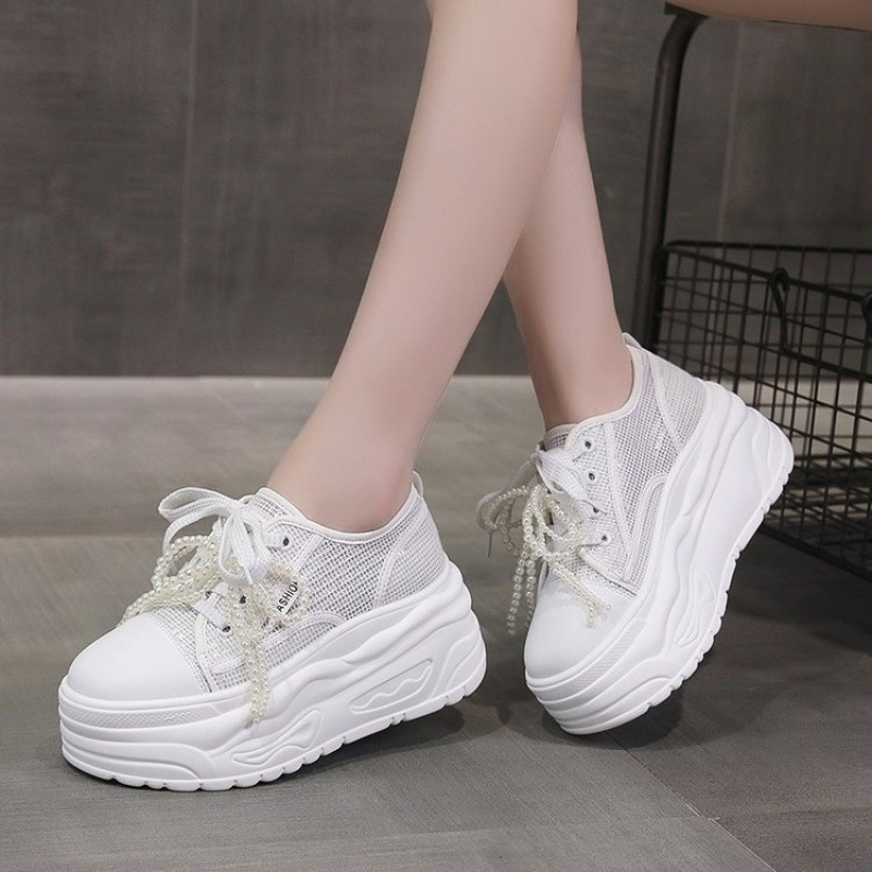 Pantofi sport cu toc ultra-înalt, cu șireturi, din plasă, respirabili, vara 2025, cu vârf rotund și mărgele, culoare pură, tendință simplă